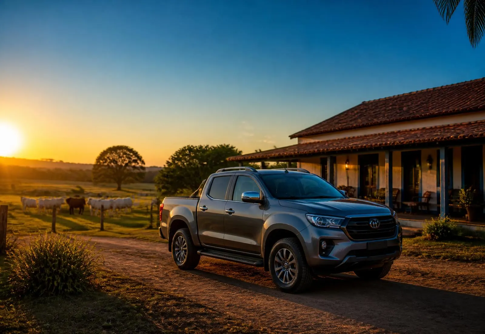 Caminhonete estacionada em frente a uma sede de fazenda ao entardecer, com gado ao fundo